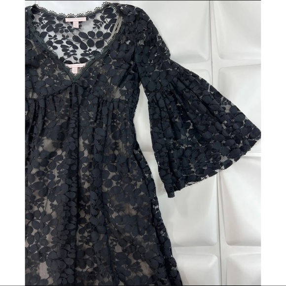Rebecca Taylor Sz 2 Black Lace V Neck Bell Sleeve Exposed Pleated Slip xs Dress - Picture 6 of 13